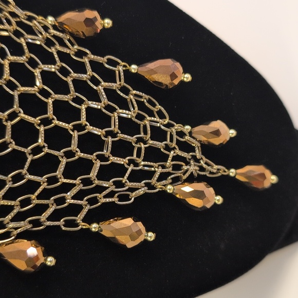 Vintage Statement Bib Necklace Gold Chain Mesh with Amber Faceted Teardrop Beads - Picture 2 of 10